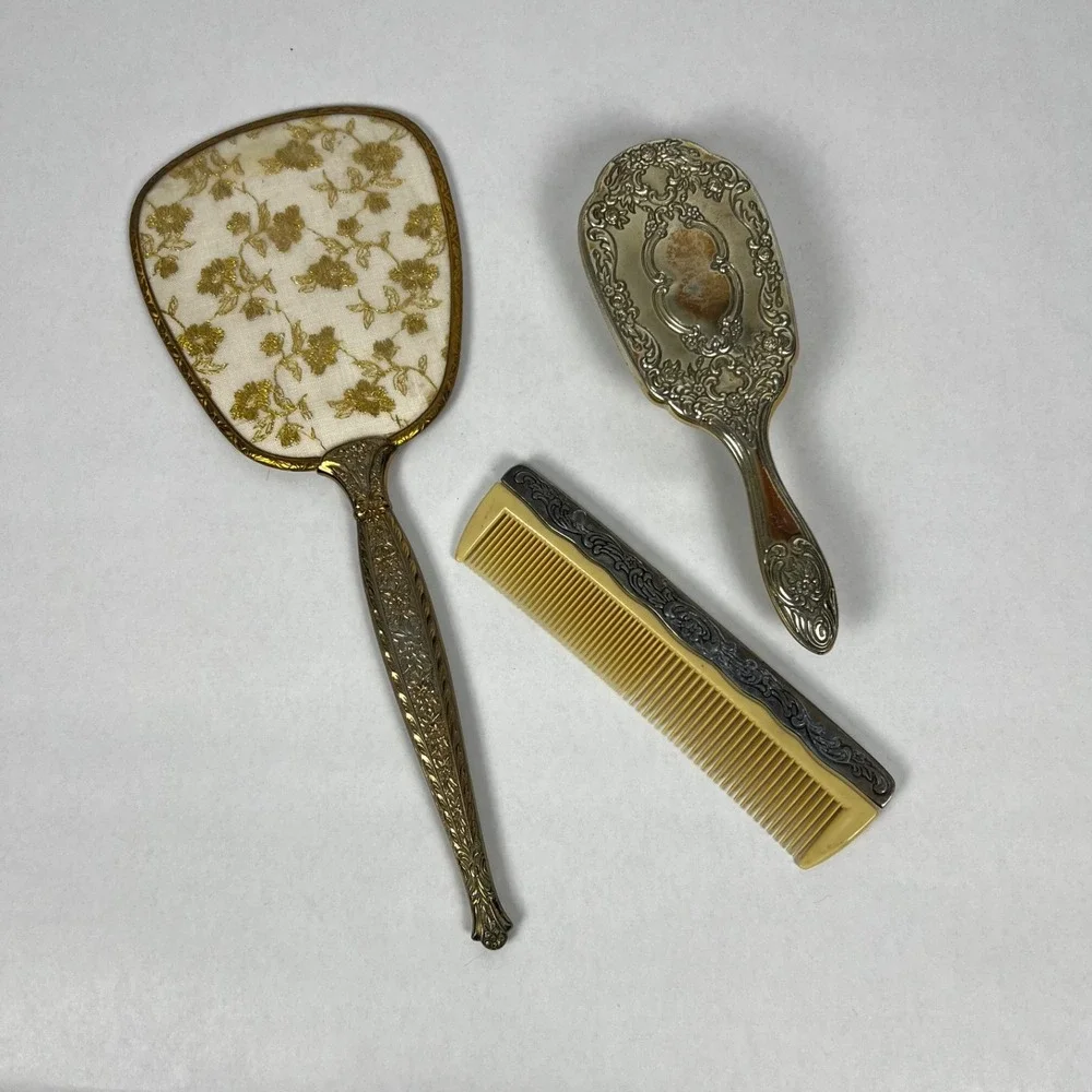 Towle Vanity Set Women OS Silver Gold Good Ornate Mirror Brush Comb 3pc Vintage